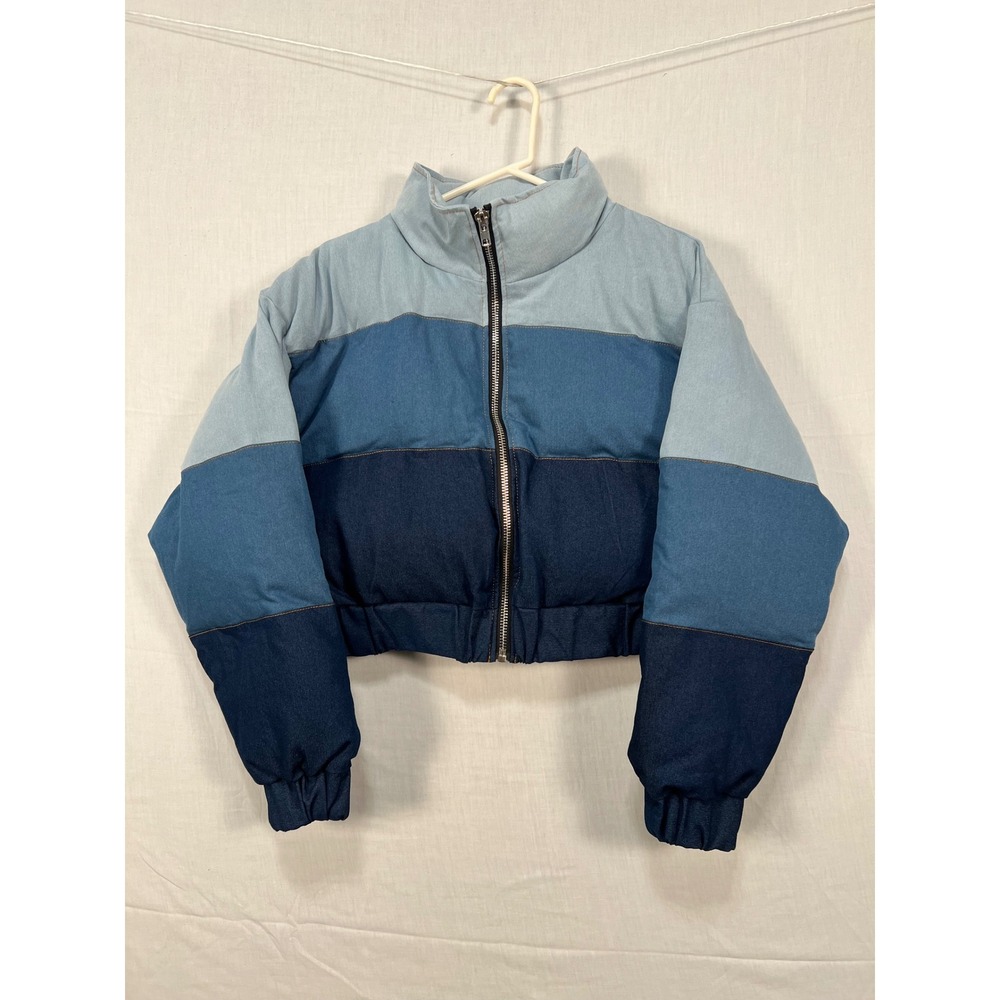 Fashion Nova Womens Blue Colorblock Denim Puffer Jacket Cropped Large LT3575BFN